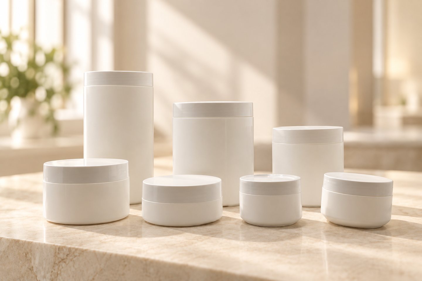 Linha PEAD Starpacks — potes brancos em sequência de tamanho
